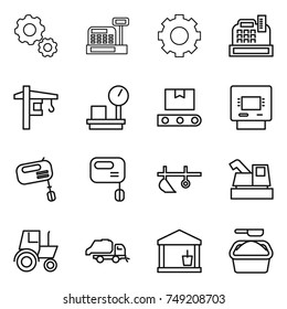 thin line icon set : gear, cashbox, tower crane, warehouse scales, transporter tape, atm, mixer, plow, harvester, tractor, trash truck, utility room, washing powder