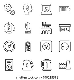 thin line icon set : gear, bulb head, nuclear power, battery, charge, crystall memory, factory, gas station, barometer, remote control, socket, speaker, kettle
