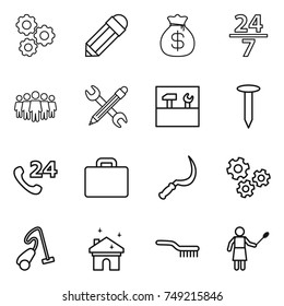 thin line icon set : gear, pencil, money bag, 24 7, team, wrench, tools, nail, phone, suitcase, sickle, gears, vacuum cleaner, house cleaning, brush, woman with duster