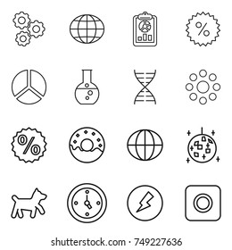 thin line icon set : gear, globe, report, percent, diagram, round flask, dna, around, donut, disco ball, dog, watch, electricity, ring button thin line icon set : gear, globe, report, percent, diagram, round flask, dna, around, donut, disco ball, dog, watch, electricity, ring button