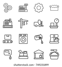 thin line icon set : gear, cashbox, electrostatic, tower crane, fork loader, warehouse scales, transporter tape, washing machine, mixer, coffee maker, harvester, utility room, powder