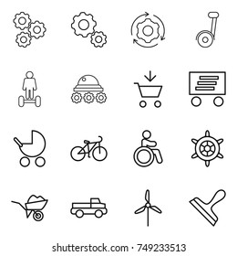 thin line icon set : gear, around, hoverboard, lunar rover, add to cart, delivery, baby stroller, bike, invalid, handwheel, wheelbarrow, pickup, windmill, scraper