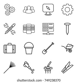 thin line icon set : gear, group, monitor arrow, pencil wrench, server, nail, suitcase, bucket, shovel, wheelbarrow, rake, blower, vacuum cleaner, clothespin