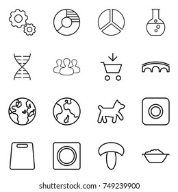 thin line icon set : gear, circle diagram, round flask, dna, group, add to cart, bridge, globe, earth, dog, ring button, cutting board, mushroom, foam basin