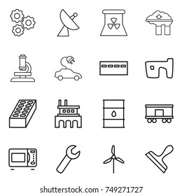 thin line icon set : gear, satellite antenna, nuclear power, factory filter, microscope, electric car, bunker, slum, brick, barrel, railroad shipping, microwave oven, wrench, windmill, scraper