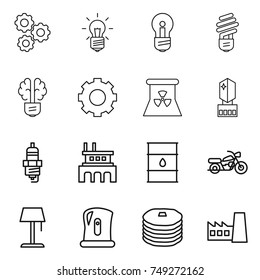 thin line icon set : gear, bulb, brain, nuclear power, crystall memory, spark plug, factory, barrel, motorcycle, floor lamp, kettle, pancakes