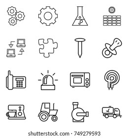 thin line icon set : gear, flask, sun power, notebook connect, puzzle, nail, nipple, phone, alarm, grill oven, elecric, coffee maker, tractor, water pump, home call cleaning