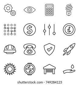 thin line icon set : gear, eye, calculator, bulb, chip, dollar coin, equalizer, info, building helmet, phone, protected, rocket, sun, compass, garage, hand and drop