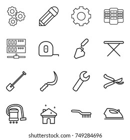 thin line icon set : gear, pencil, server, measuring tape, construction, iron board, shovel, sickle, wrench, pruner, vacuum cleaner, house cleaning, brush