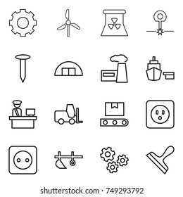 thin line icon set : gear, windmill, nuclear power, laser, nail, hangare, factory, port, customs control, fork loader, transporter tape, socket, plow, gears, scraper