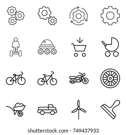 thin line icon set : gear, around, hoverboard, lunar rover, add to cart, baby stroller, bike, motorcycle, wheel, wheelbarrow, pickup, windmill, scraper