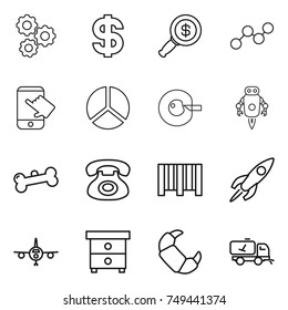thin line icon set : gear, dollar, magnifier, graph, touch, diagram, cell corection, jet robot, bone, phone, bar code, rocket, plane, nightstand, croissant, home call cleaning