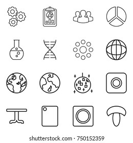 thin line icon set : gear, report, group, diagram, round flask, dna, around, globe, earth, disco ball, ring button, table, cutting board, mushroom