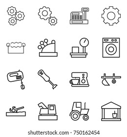 thin line icon set : gear, cashbox, electrostatic, warehouse scales, washing machine, mixer, blender, coffee maker, plow, soil cutter, harvester, tractor, utility room