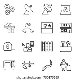 thin line icon set : gear, satellite antenna, nuclear power, factory filter, electric car, tools, modular house, measuring tape, architector, pallet, repair, microwave oven, plow, sickle