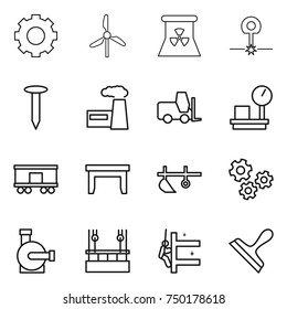thin line icon set : gear, windmill, nuclear power, laser, nail, factory, fork loader, warehouse scales, railroad shipping, table, plow, gears, water pump, skysrcapers cleaning, skyscrapers, scraper