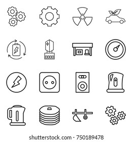thin line icon set : gear, nuclear, eco car, battery charge, crystall memory, gas station, barometer, electricity, power socket, speaker, kettle, pancakes, plow, gears