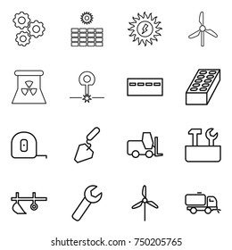 thin line icon set : gear, sun power, windmill, nuclear, laser, bunker, brick, measuring tape, construction, fork loader, repair tools, plow, wrench, sweeper