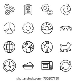 thin line icon set : gear, report, circle diagram, donut, bridge, globe, earth, dog, watch, washing, grill oven, reload
