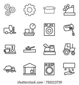 thin line icon set : gear, electrostatic, cashbox, fork loader, warehouse scales, washing machine, mixer, coffee maker, soil cutter, harvester, tractor, trash truck, utility room, hand dryer