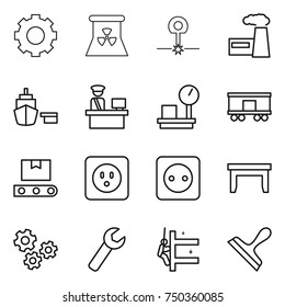 thin line icon set : gear, nuclear power, laser, factory, port, customs control, warehouse scales, railroad shipping, transporter tape, socket, table, gears, wrench, skyscrapers cleaning, scraper