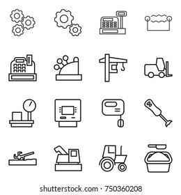 thin line icon set : gear, cashbox, electrostatic, tower crane, fork loader, warehouse scales, atm, mixer, blender, soil cutter, harvester, tractor, washing powder