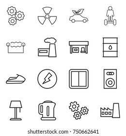 thin line icon set : gear, nuclear, eco car, hoverboard, electrostatic, factory, gas station, barrel, jet ski, electricity, power switch, speaker, floor lamp, kettle, gears