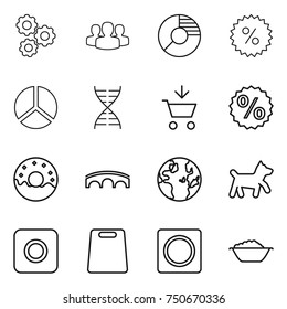 thin line icon set : gear, group, circle diagram, percent, dna, add to cart, donut, bridge, globe, dog, ring button, cutting board, foam basin