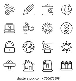 thin line icon set : gear, marker, wallet, circle diagram, notebook, satellite, sun power, dollar coin, unlock, globe, potection, restaurant, home, kettle, grain elevator