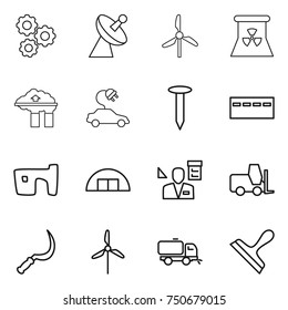 thin line icon set : gear, satellite antenna, windmill, nuclear power, factory filter, electric car, nail, bunker, slum, hangare, architector, fork loader, sickle, sweeper, scraper