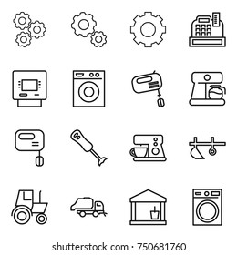 thin line icon set : gear, cashbox, atm, washing machine, mixer, coffee maker, blender, plow, tractor, trash truck, utility room