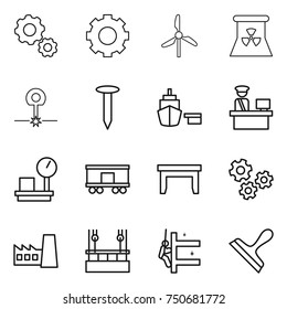 thin line icon set : gear, windmill, nuclear power, laser, nail, port, customs control, warehouse scales, railroad shipping, table, gears, factory, skysrcapers cleaning, skyscrapers, scraper