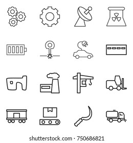 thin line icon set : gear, satellite antenna, nuclear power, battery, laser, electric car, bunker, slum, factory, tower crane, fork loader, railroad shipping, transporter tape, sickle, sweeper