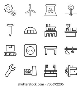 thin line icon set : gear, windmill, nuclear power, laser, nail, hangare, factory, customs control, transporter tape, socket, table, plow, wrench, skysrcapers cleaning, skyscrapers