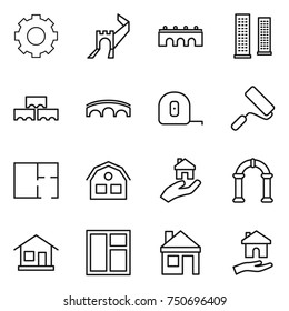 thin line icon set : gear, greate wall, bridge, skyscrapers, block, measuring tape, repair, plan, house, real estate, arch, home, window, housing