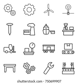 thin line icon set : gear, windmill, laser, nail, factory, port, customs control, fork loader, warehouse scales, railroad shipping, transporter tape, table, gears, wrench, skysrcapers cleaning