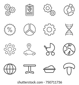 thin line icon set : gear, report, circle diagram, percent, dna, round around, car pointer, baby stroller, earth, globe, table, washing, mushroom