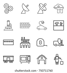 thin line icon set : gear, satellite antenna, factory filter, microscope, battery, electric car, tools, bunker, measuring tape, fork loader, railroad shipping, microwave oven, barn, garbage bin