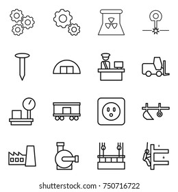 thin line icon set : gear, nuclear power, laser, nail, hangare, customs control, fork loader, warehouse scales, railroad shipping, socket, plow, factory, water pump, skysrcapers cleaning