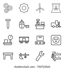thin line icon set : gear, windmill, nuclear power, nail, port, customs control, fork loader, warehouse scales, railroad shipping, transporter tape, socket, table, plow, wrench, skyscrapers cleaning