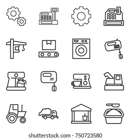 thin line icon set : gear, cashbox, tower crane, transporter tape, washing machine, mixer, coffee maker, harvester, tractor, trash truck, utility room, powder