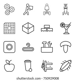 thin line icon set : gear, courier, hoverboard, dna modify, cpu, box, block wall, cocktail, ring button, hanger, repair tools, mushroom, apple, trash bin, skyscrapers cleaning, bug