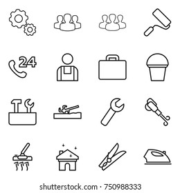 thin line icon set : gear, group, repair, phone 24, workman, suitcase, bucket, tools, soil cutter, wrench, blower, vacuum cleaner, house cleaning, clothespin, iron