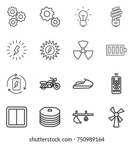 thin line icon set : gear, bulb, lightning, sun power, nuclear, battery, charge, motorcycle, jet ski, remote control, switch, pancakes, plow, windmill