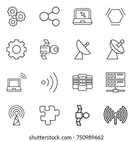 thin line icon set : gear, share, notebook, hex molecule, satellite, antenna, wireless, server, puzzle