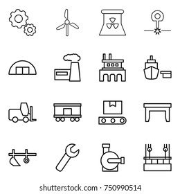 thin line icon set : gear, windmill, nuclear power, laser, hangare, factory, port, fork loader, railroad shipping, transporter tape, table, plow, wrench, water pump, skysrcapers cleaning