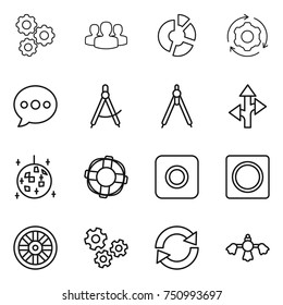thin line icon set : gear, group, circle diagram, around, balloon, draw compass, drawing compasses, route, disco ball, lifebuoy, ring button, wheel, gears, reload, hard reach place cleaning