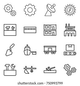 thin line icon set : gear, satellite antenna, sun power, tools, bunker, modular house, factory, construction, port, railroad shipping, transporter tape, repair, plow, soil cutter, gears