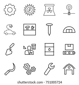 thin line icon set : gear, sun power, nuclear, laser, electric car, tools, nail, hangare, construction, architector, barrel, transporter tape, sickle, gears, wrench, barn