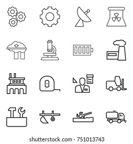 thin line icon set : gear, satellite antenna, nuclear power, factory filter, microscope, battery, measuring tape, architector, fork loader, repair tools, plow, soil cutter, sweeper